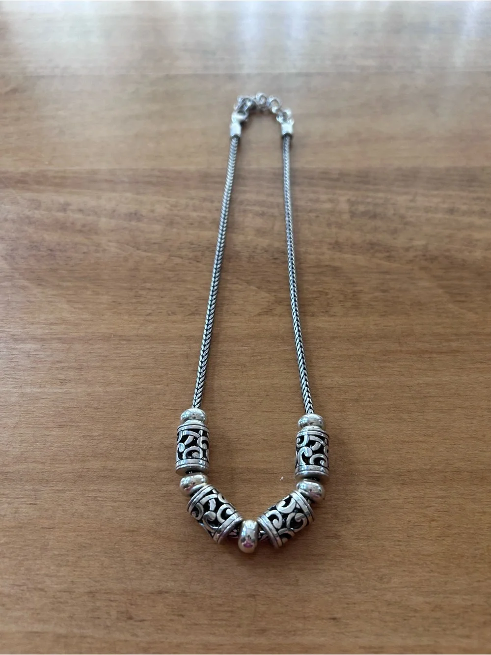 Brighton Retired Deco Lace Barrel Beaded Silver-Plated Necklace.